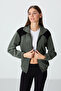Khaki Thick Soft Textured Stand Collar Standard Fit Embroidered Fleece Women's Sweatshirt - 97293 - 3