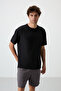 Black Waffle Interlock Surface Textured Oversize Fit Basic Men's T-Shirt - 88380 - 2