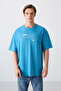 Petrol Blue Cotton Thick Soft Textured Oversize Fit Printed Men's T-Shirt - 88326 - 4