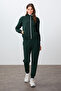 Pine Green Compact Cotton Thick Smooth Textured Stand Collar Standard Fit Women's Tracksuit Set - 95340 - 4