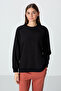 Black Compact Cotton Thick Smooth Textured O Neck Oversize Fit Women's Sweatshirt - 97288