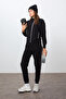 Black Compact Cotton Thick Smooth Textured Stand Collar Standard Fit Women's Tracksuit Set - 95340 - 2