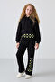 Black Cotton Inside Fleece Soft Textured Comfortable Form Printed Girls' Tracksuit Set - 75147