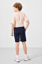 Beige-Navy Blue Cotton Oversize Fit Woven Lightweight Flexible Chino Boy Shorts Suit - 11277 - 7