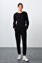 Black Compact Cotton Thick Smooth Textured O-Neck Standard Fit Women's Tracksuit Set - 95341