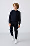 Navy Blue Cotton Thick Fleece Lined Standard Fit Embroidered Boys' Tracksuit Set - 11249