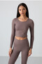 Brown High Waist Long Sleeve Slim Fit Crop Top Women's Leggings Set - 95286 - 5