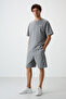 Gray Melange Cotton Thick Soft Textured Oversize Fit Embroidered Men's Shorts Set - 85250 - 2