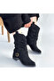 Black Suede Bellows Women's Heeled Boots - 4