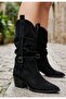 Black Suede Laser Cut Cowboy Women's Heeled Boots - 2