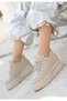 Beige Faux Leather Lace-Up Women's Sneaker Shoes - 2
