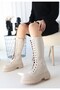 Beige Faux Leather Lace-Up Women's Boots - 2