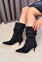 Women's Donna Black Suede Bellows Pointed Toe Thin Heel Half Length Boots - 2