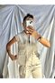 Women's Khaki Color Safari Style Pocketed Flam Linen Vest Pants Lower and Upper Set - 8
