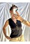 Women's Black Color V-Neck Low-Cut Buttoned Lined Body Blouse