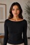 Women's Black Boat Neck Long Sleeve Basic Blouse - 2
