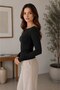 Women's Black Boat Neck Long Sleeve Basic Blouse - 4