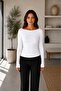 Women's White Boat Neck Long Sleeve Basic Blouse - 3