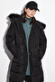 Quilted Stand Collar Hooded Fur Coat Black - 7