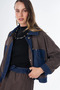 Denim Garnished Plaid Pattern Jacket Brown