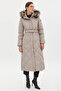 Diamond Patterned Faux Fur Goose Feather Coat Stone - 7