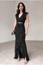 Women's Scuba Crepe Fabric Double-Breasted Collar Skirt Flounce Belt Stone Black Evening Dress Graduation Wedding Dress - 5