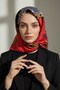 100% Twill Silk Monogram and Chain Patterned Red - Gray Colored 90X90 Scarf Planting Shape: Hand Sewing - 3