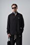 Men's R Embroidered Long Sleeve Muslin Oversized Shirt Black