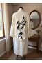 Women's Cream 100% Cotton Buldan Karatezgah Woven Phoenix Printed Belted Long Kimono Dressing Gown - 4