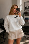 Women's Black Ribbon Detail Printed Comfortable Fit Crew Neck White Sweatshirt