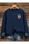Women's Stay Kind Chest and Flower Sleeve Printed Comfortable Fit Crew Neck Navy Blue Sweatshirt