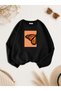 Women's Half Orange Butterfly Printed Comfortable Fit Crew Neck Black Sweatshirt