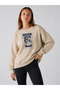 Women's Moon Written World Printed Comfortable Fit Crew Neck Beige Sweatshirt
