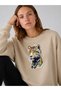 Women's Tiger Drawing Model Graphic Design Printed Comfortable Fit Crew Neck Beige Sweatshirt - 2
