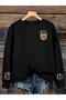 Women's Stay Kind Chest and Floral Sleeve Printed Comfortable Fit Crew Neck Black Sweatshirt