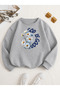 Good Is Papatya Printed Crew Neck Comfortable Fit Gray Sweatshirt