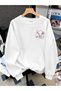Women's Ribbon Letter Chest Printed Comfortable Fit Crew Neck White Sweatshirt