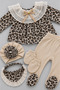 Lace Collar Leopard Patterned Newborn 5-Piece Hospital Discharge Set 100% Cotton Fabric/0-3 Months
