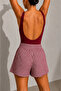 Burgundy Plaid Women's Shorts with 2 Pockets, Comfortable Fit, Elastic Waist - 3