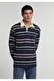 Relaxed Fit Polo Collar Striped Men's Navy Blue Long Sleeve T-Shirt