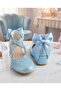 Blue Carnation Cross-Strap Bow-Knot Sand Glitter High-Heeled Evening Dress Shoes - 6