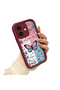 iPhone 16 Compatible Case Camera Protector Stitch Pattern Burgundy Couple Silicone Phone Case - 3