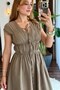 Women's V-Neck Dress with Tie Detail and Rubber Detail, Khaki - 4