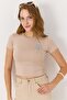 Women's Short Sleeve Stoned Crop Blouse Beige