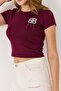 Women's Short Sleeve Stoned Crop Blouse Burgundy - 3