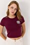 Women's Short Sleeve Stoned Crop Blouse Burgundy