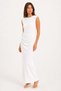 Women's Wide Collar Zero Sleeve Draped Back Slit Detail Maxi Seersucker Dress White