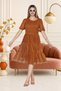 Women's Brown Cinnamon Short Balloon Sleeve Crew Neck Layered Midi Dress - 4