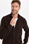 Men's Standard Fit Regular Cut Patterned Half Turtleneck Zippered Brown Cardigan - 4