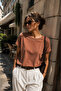 Women's Brown Stone Detailed Short Sleeve Viscose Blouse - 5